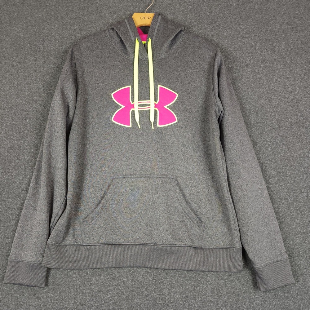 Under Armour Storm Gray Pink‎ Neon Hoodie UA Logo Fleece Pullover L